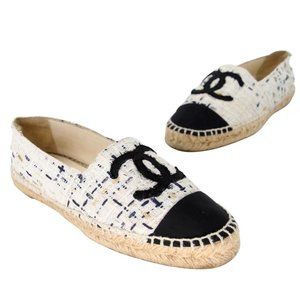 Chanel Espadrille 37 Tweed Leather Cap Toe Cc Flats CC-0707N-0008